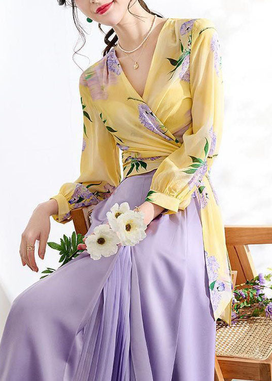 Yellow V Neck Wrinkled Print Patchwork Chiffon Top Spring