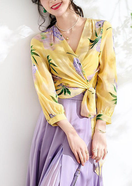 Yellow V Neck Wrinkled Print Patchwork Chiffon Top Spring