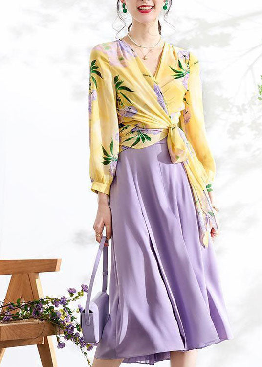 Yellow V Neck Wrinkled Print Patchwork Chiffon Top Spring