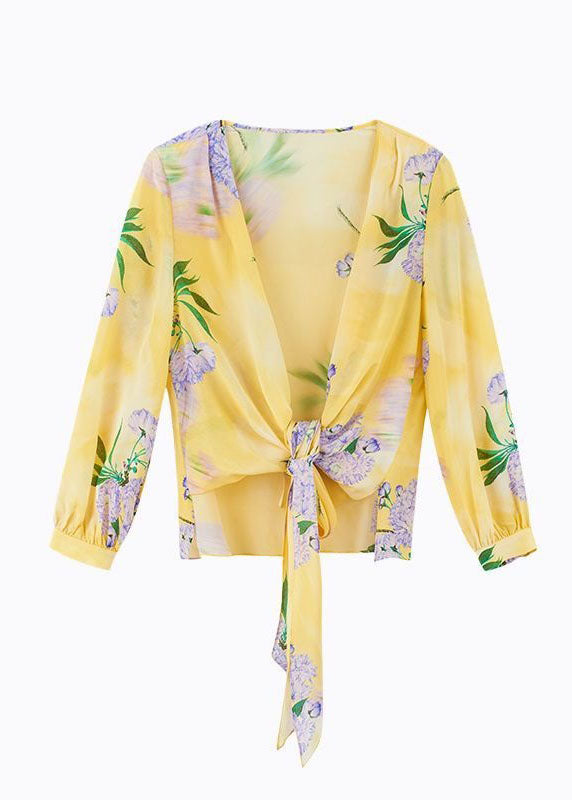 Yellow V Neck Wrinkled Print Patchwork Chiffon Top Spring