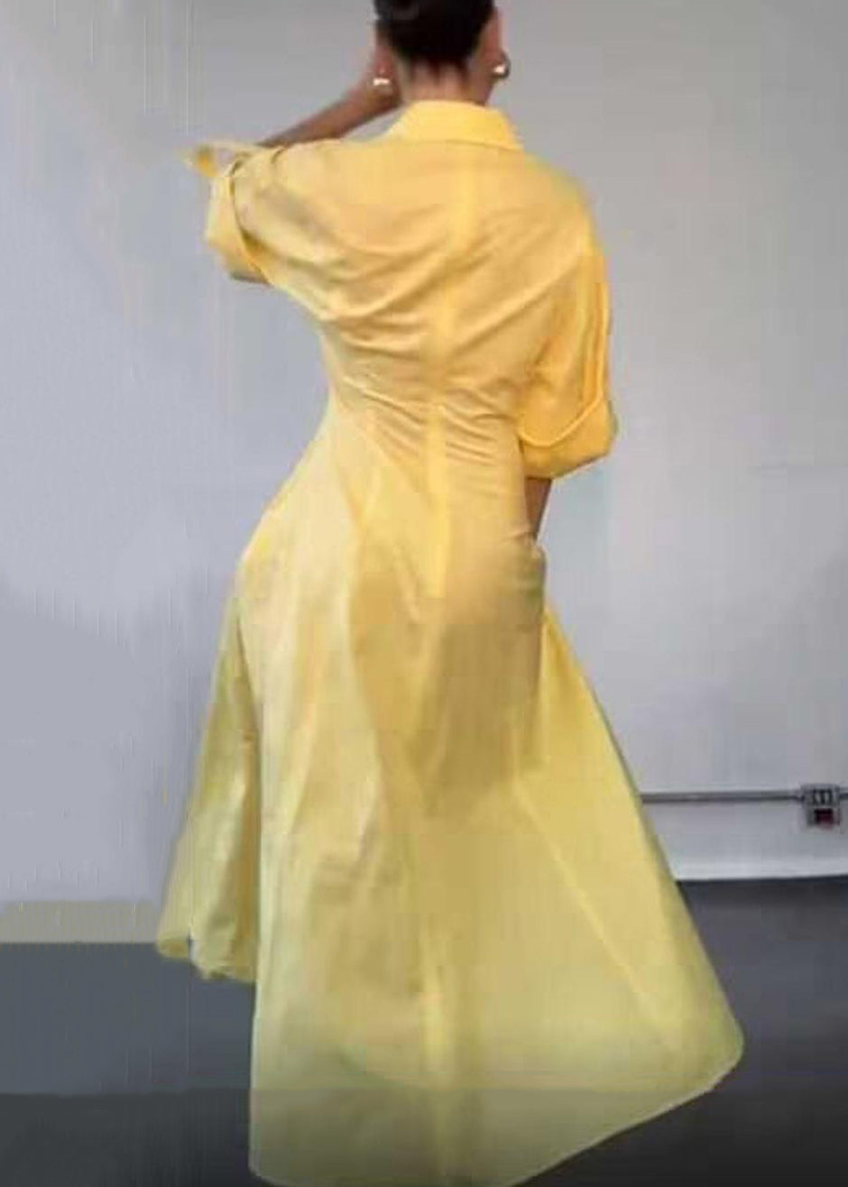 Yellow V Neck Zippered Cotton Shirts Dress Half Sleeve