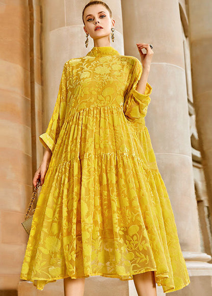 Yellow Wrinkled Bow Silk Velour Patchwork Long Dress Long Sleeve
