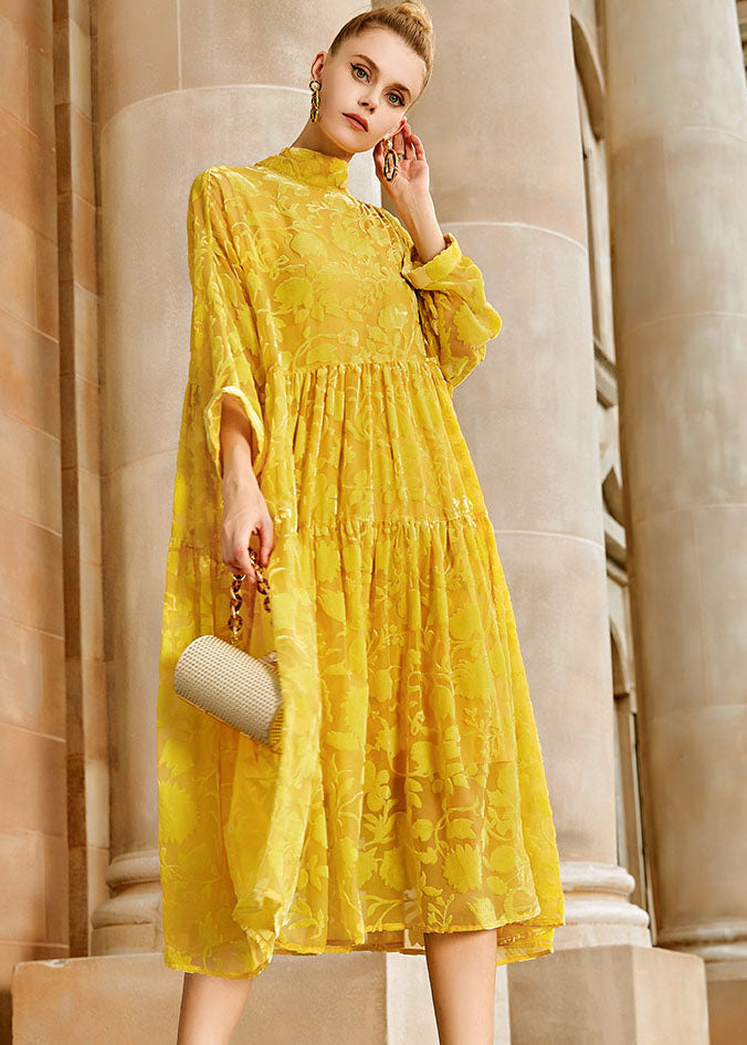 Yellow Wrinkled Bow Silk Velour Patchwork Long Dress Long Sleeve