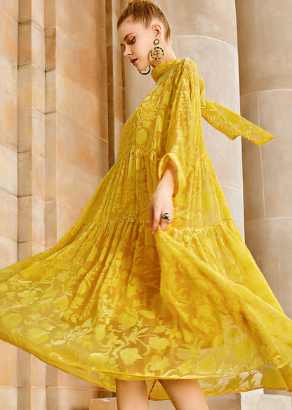 Yellow Wrinkled Bow Silk Velour Patchwork Long Dress Long Sleeve