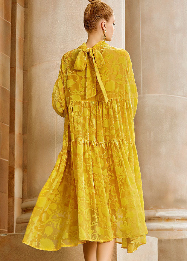 Yellow Wrinkled Bow Silk Velour Patchwork Long Dress Long Sleeve
