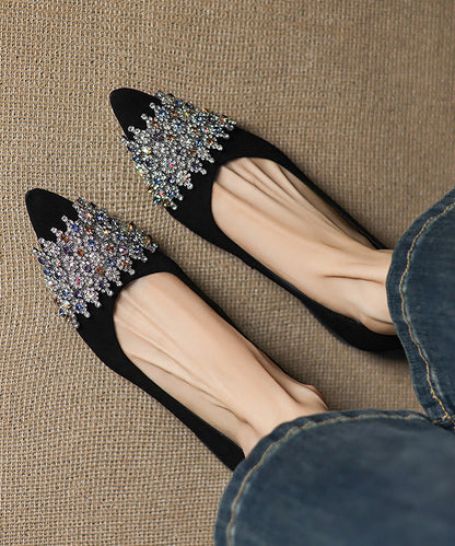 Zircon Splicing Flat Shoes Silver Sheepskin Pointed Toe