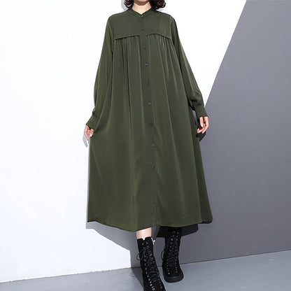 Army Green Autumn Silk Cotton Blended Dress Stand Collar Silk Cotton Blended Clothing Dresses Pockets Cinched Long Dresses
