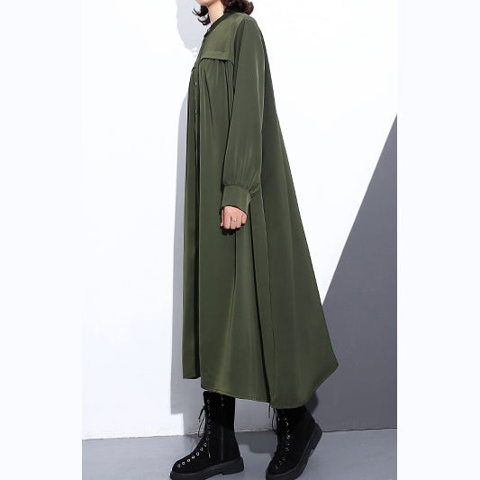 Army Green Autumn Silk Cotton Blended Dress Stand Collar Silk Cotton Blended Clothing Dresses Pockets Cinched Long Dresses