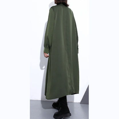 Army Green Autumn Silk Cotton Blended Dress Stand Collar Silk Cotton Blended Clothing Dresses Pockets Cinched Long Dresses