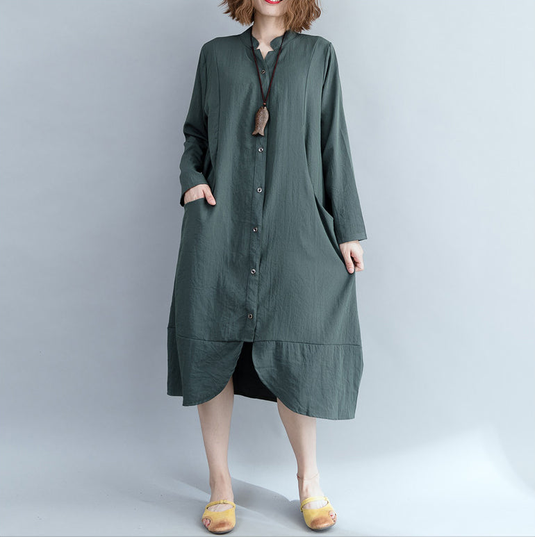 Army Green Cotton Linen Dress Indian Sleeve Stand Collar Shift Dress