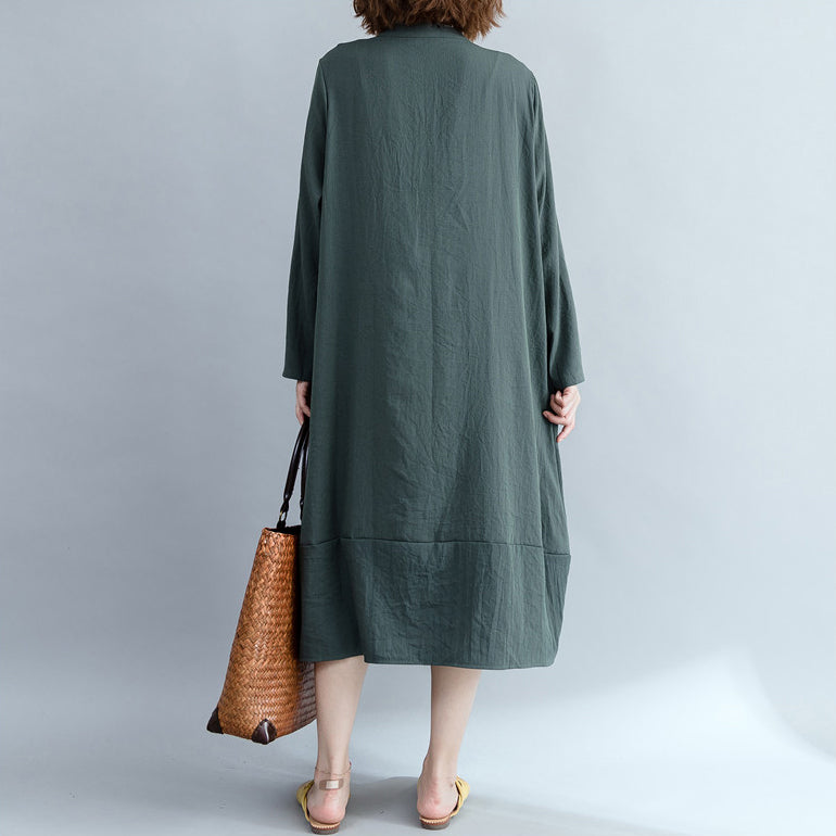 Army Green Cotton Linen Dress Indian Sleeve Stand Collar Shift Dress