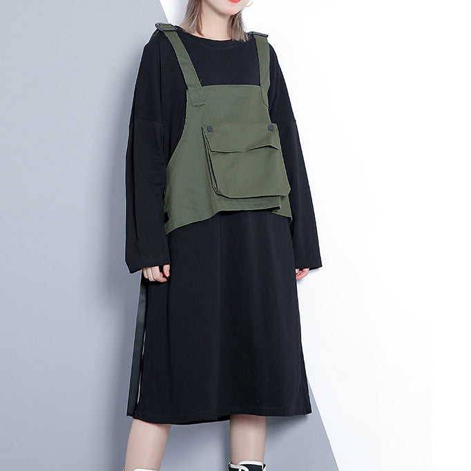 Army Green Fall Loose Fitting Dress False Two Pieces O Neck Dress