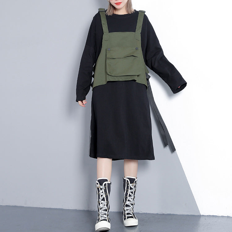 Army Green Fall Loose Fitting Dress False Two Pieces O Neck Dress