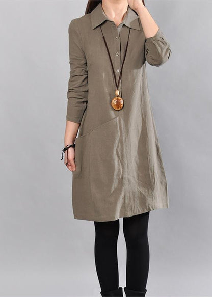 Army Green Linen Knee Dress Loose Fitting Cotton Shirt Dresses Big Pockets Long Sleeve Cotton Clothing Dresses