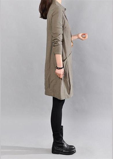 Army Green Linen Knee Dress Loose Fitting Cotton Shirt Dresses Big Pockets Long Sleeve Cotton Clothing Dresses