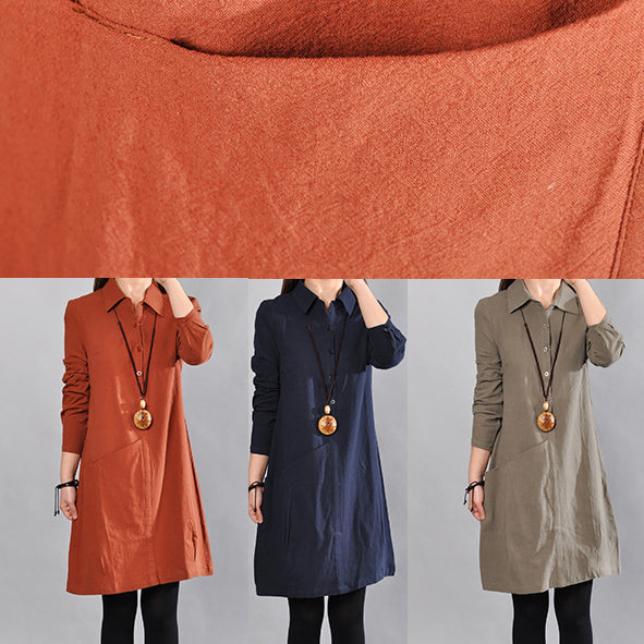 Army Green Linen Knee Dress Loose Fitting Cotton Shirt Dresses Big Pockets Long Sleeve Cotton Clothing Dresses