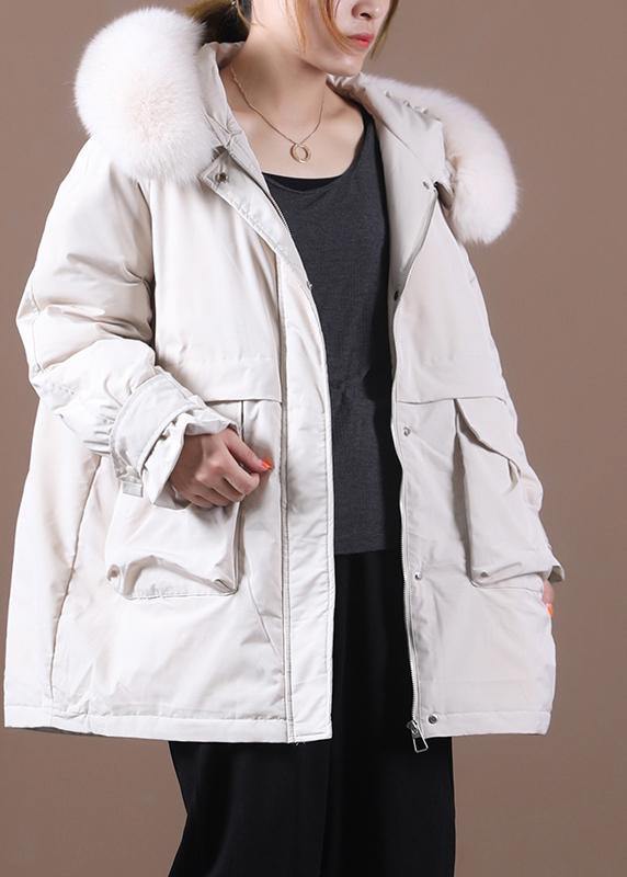 Beige Down Coat Winter Loose Fitting Fur Collar Zippered Fine Overcoat