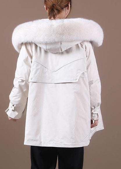 Beige Down Coat Winter Loose Fitting Fur Collar Zippered Fine Overcoat