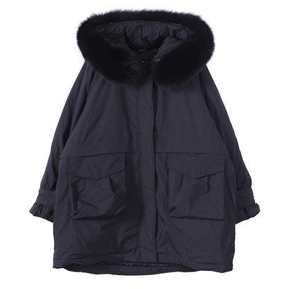 Beige Down Coat Winter Loose Fitting Fur Collar Zippered Fine Overcoat