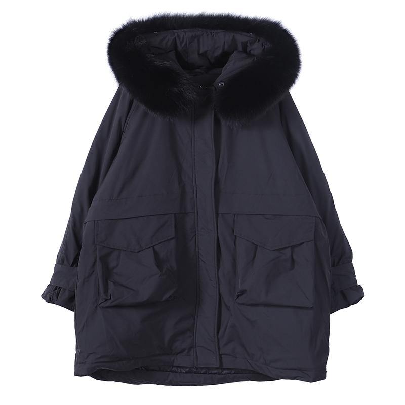 Beige Down Coat Winter Loose Fitting Fur Collar Zippered Fine Overcoat