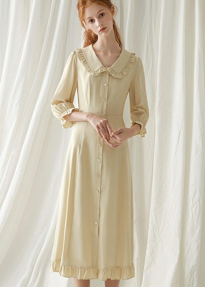Beige Nude Blended Quilting Dresses Peter Pan Collar Cotton Fall Dresses