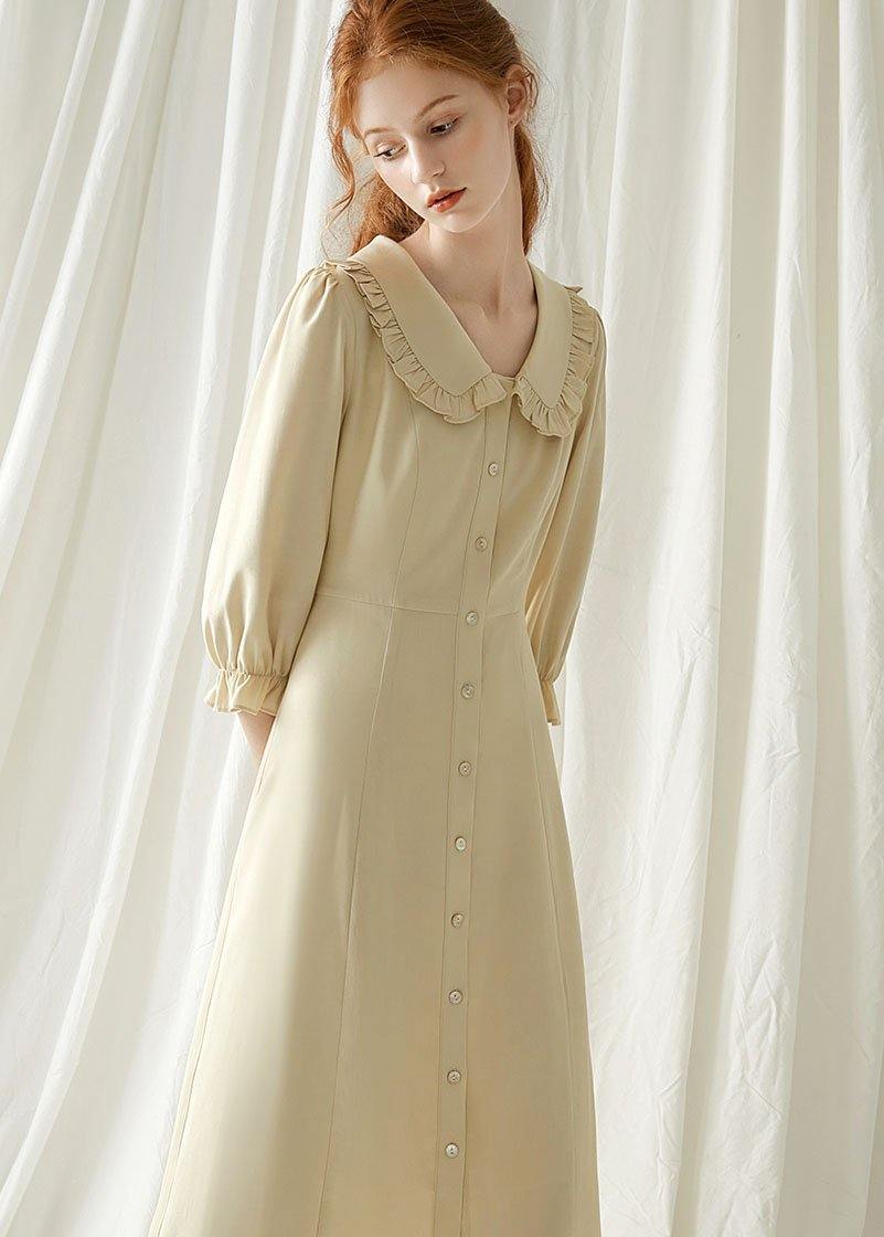 Beige Nude Blended Quilting Dresses Peter Pan Collar Cotton Fall Dresses