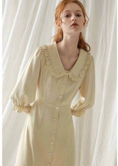 Beige Nude Blended Quilting Dresses Peter Pan Collar Cotton Fall Dresses