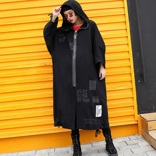 Black Coats Hooded Coat Zippered Drawstring Long Jackets