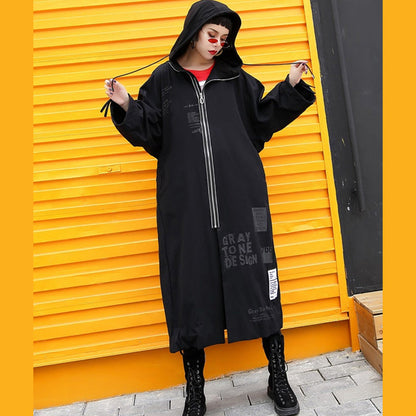 Black Coats Hooded Coat Zippered Drawstring Long Jackets