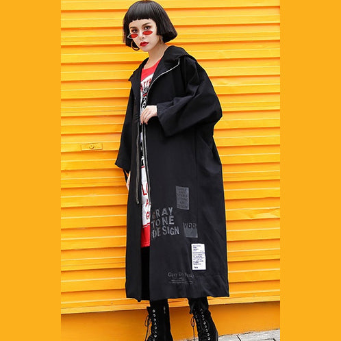 Black Coats Hooded Coat Zippered Drawstring Long Jackets