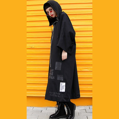 Black Coats Hooded Coat Zippered Drawstring Long Jackets