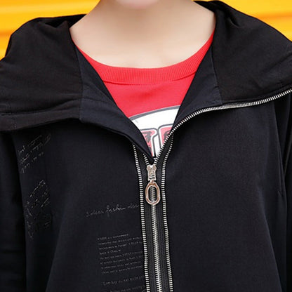 Black Coats Hooded Coat Zippered Drawstring Long Jackets