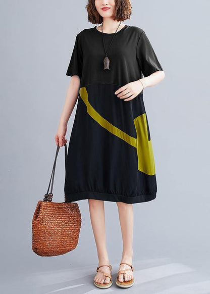 Black Cotton Tunic O Neck Patchwork Dress