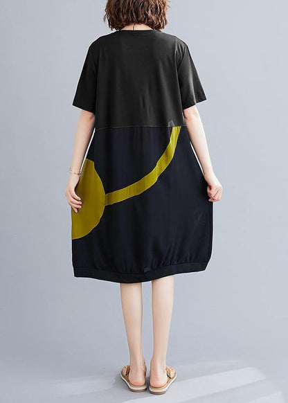 Black Cotton Tunic O Neck Patchwork Dress