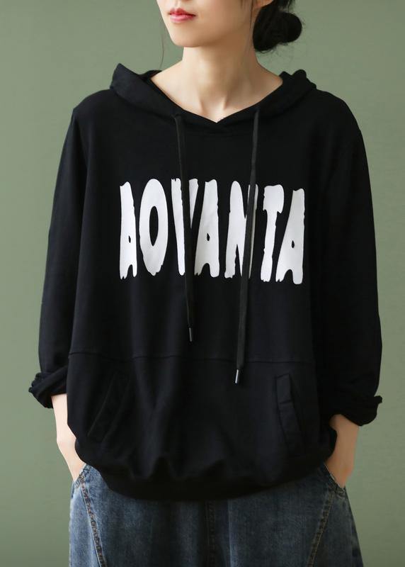 Black Letter Crane Tops Hooded Drawstring Cotton Shirts