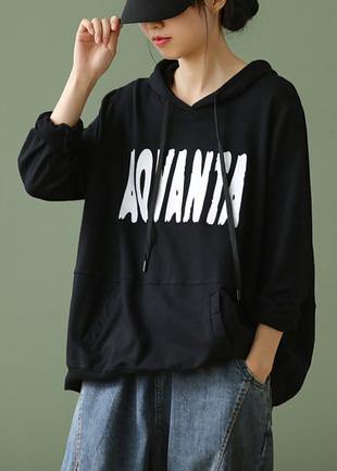 Black Letter Crane Tops Hooded Drawstring Cotton Shirts