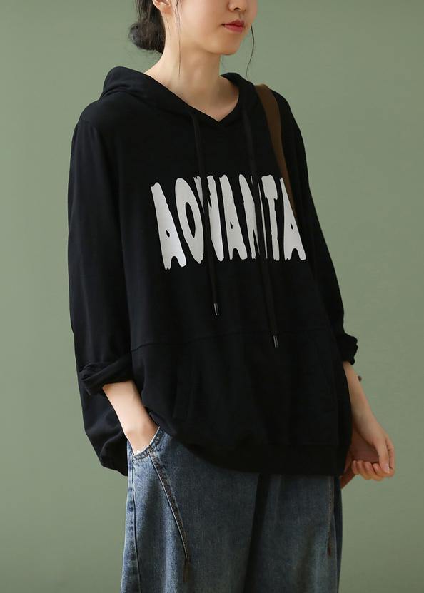Elegant black Letter crane tops hooded drawstring cotton shirts