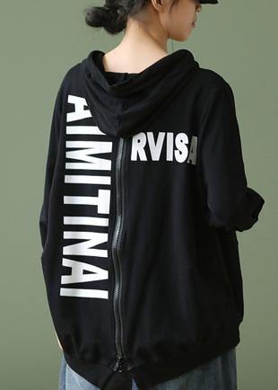 Elegant black Letter crane tops hooded drawstring cotton shirts
