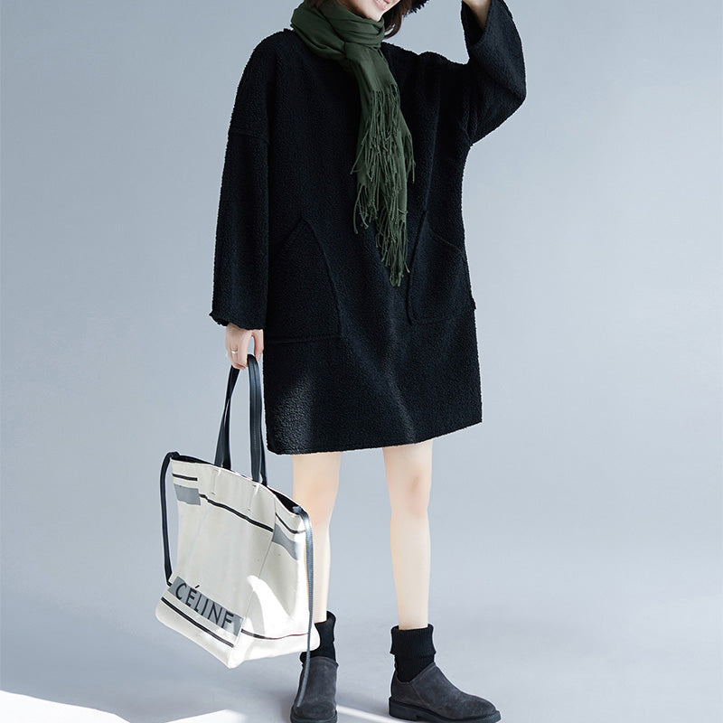 Black Midi Cotton Dresses Long Sleeve Thick Traveling Clothing Big Pockets Holiday Dresses