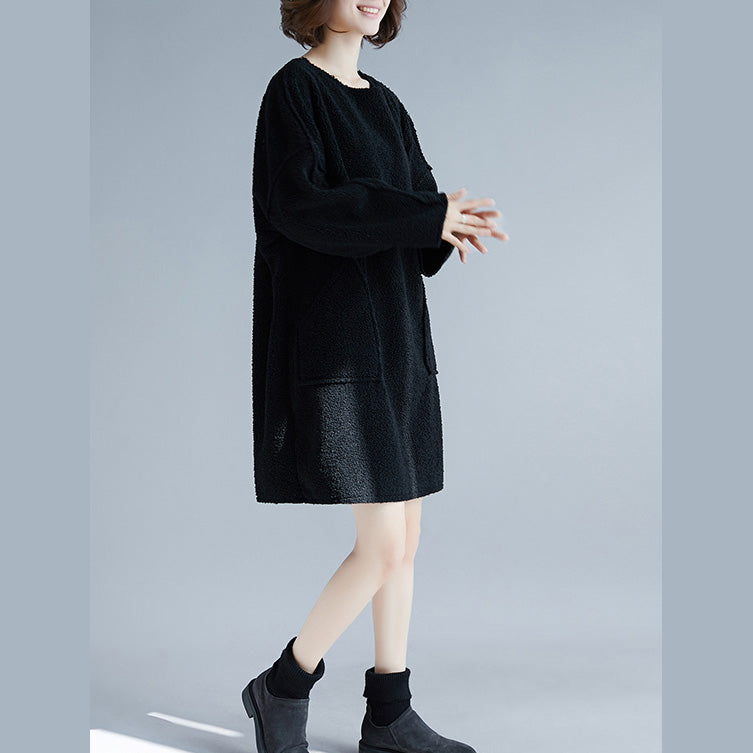 Black Midi Cotton Dresses Long Sleeve Thick Traveling Clothing Big Pockets Holiday Dresses