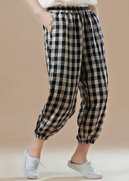 Black Plaid Cotton Quilting Work Outfits Harem Pants Elastic Waist Pants