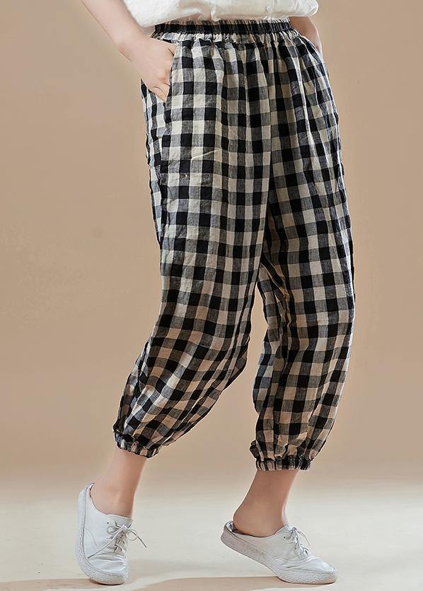 Black Plaid Cotton Quilting Work Outfits Harem Pants Elastic Waist Pants