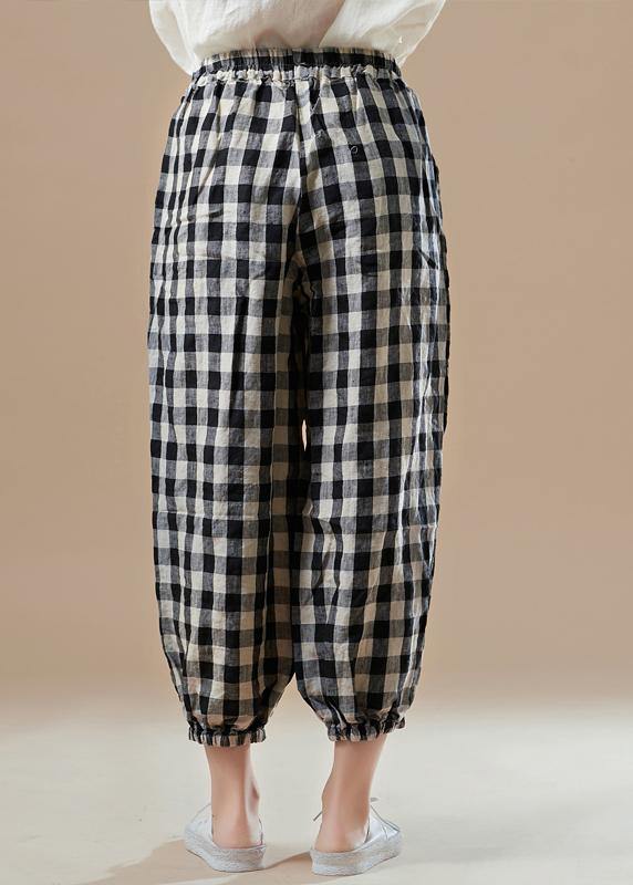Black Plaid Cotton Quilting Work Outfits Harem Pants Elastic Waist Pants