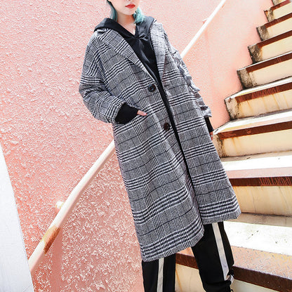 Black Plaid Maxi Coat Notched Long Coat Zippered Baggy Long Coat