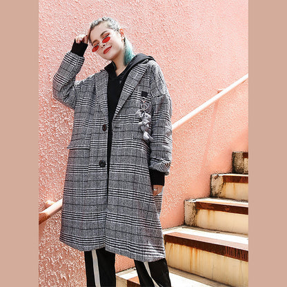 Black Plaid Maxi Coat Notched Long Coat Zippered Baggy Long Coat