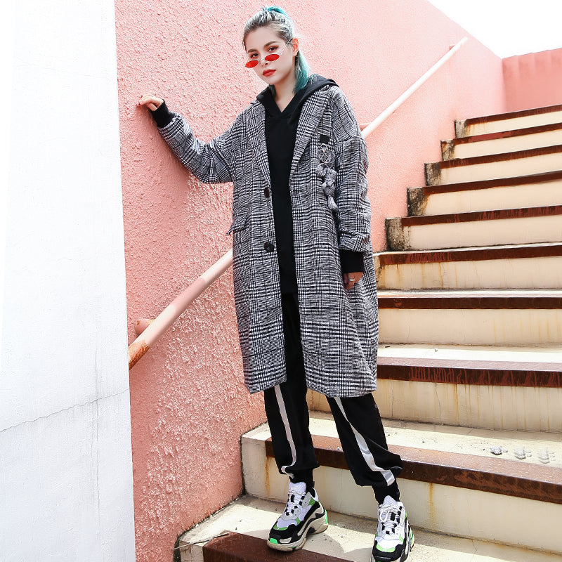 Black Plaid Maxi Coat Notched Long Coat Zippered Baggy Long Coat