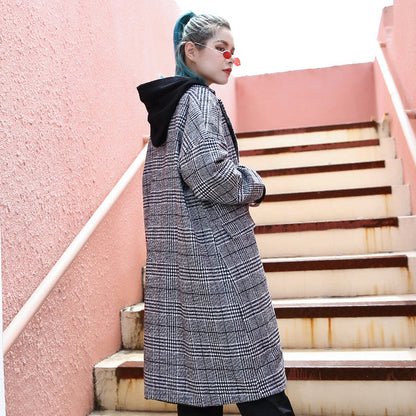 Black Plaid Maxi Coat Notched Long Coat Zippered Baggy Long Coat