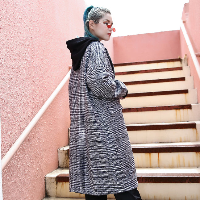 Black Plaid Maxi Coat Notched Long Coat Zippered Baggy Long Coat