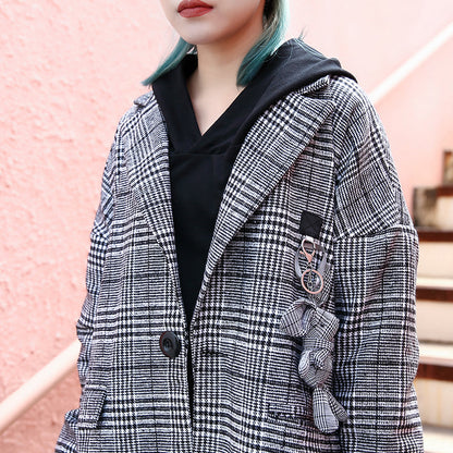 Black Plaid Maxi Coat Notched Long Coat Zippered Baggy Long Coat