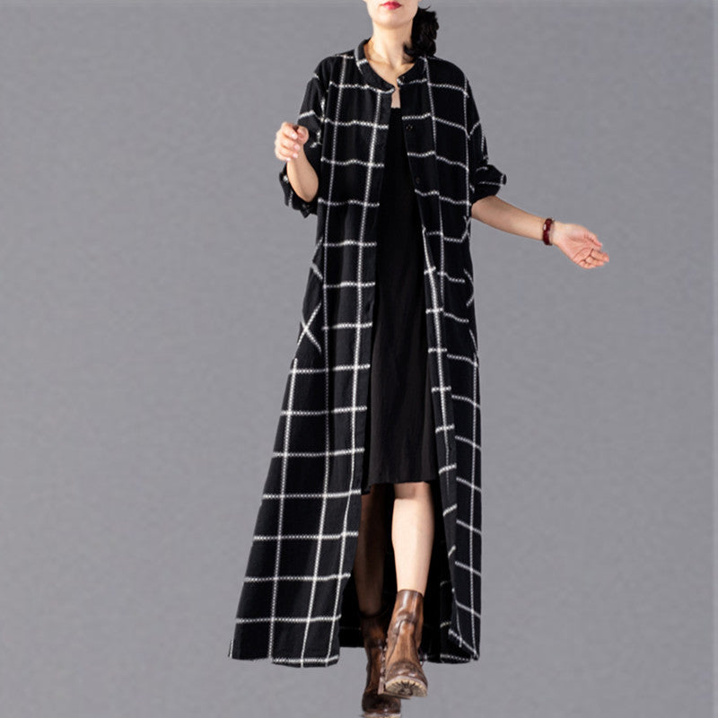 Black Plaid Maxi Coat Stand Collar Winter Boutique Pockets Coats